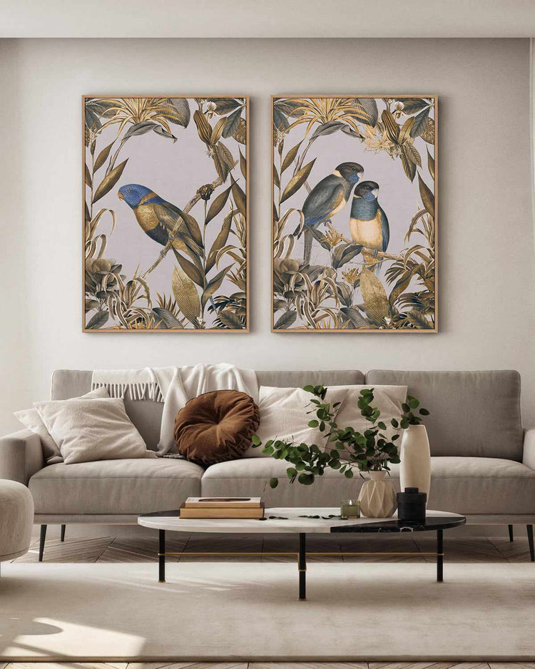 Golden Parakeet Paradise | Framed Canvas Art Print