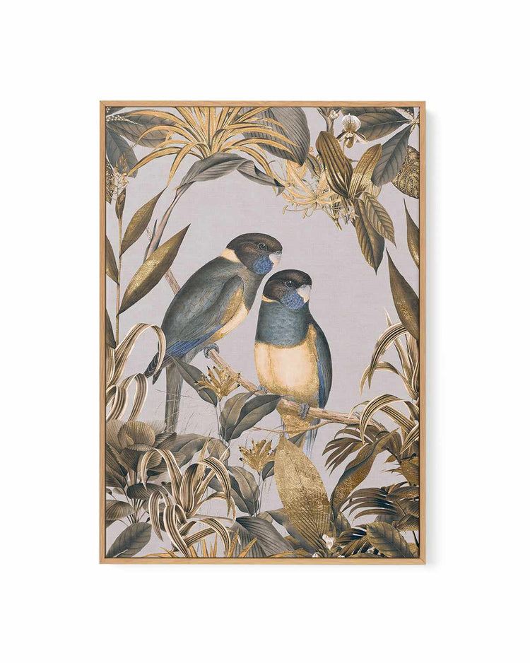 Golden Parakeets Exotic Island | Framed Canvas Art Print