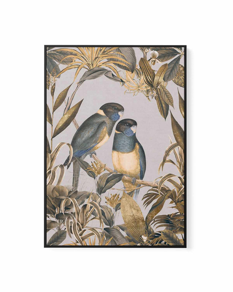 Golden Parakeets Exotic Island | Framed Canvas Art Print