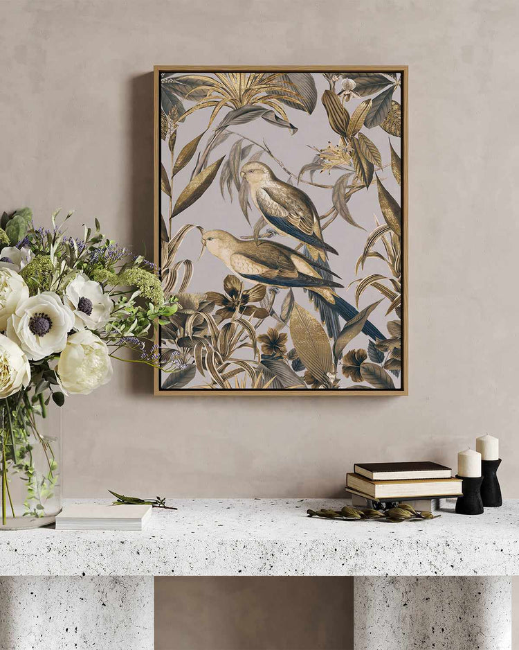 Golden Parakeets Tropical Jungle | Framed Canvas Art Print