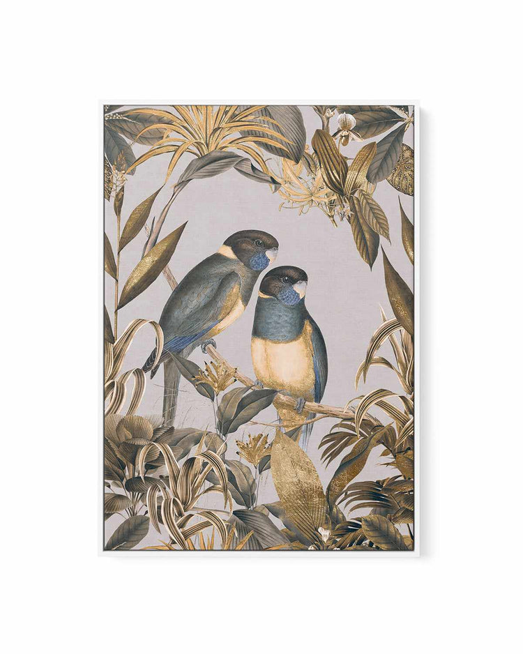 Golden Parakeets Exotic Island | Framed Canvas Art Print